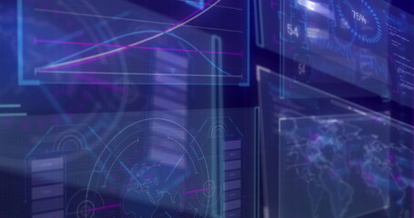 Image of data processing, globe and world map on black background