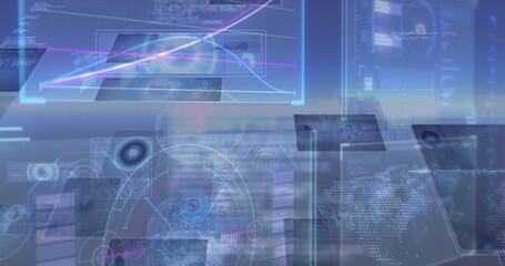 Image of data processing on moving screens over blue background