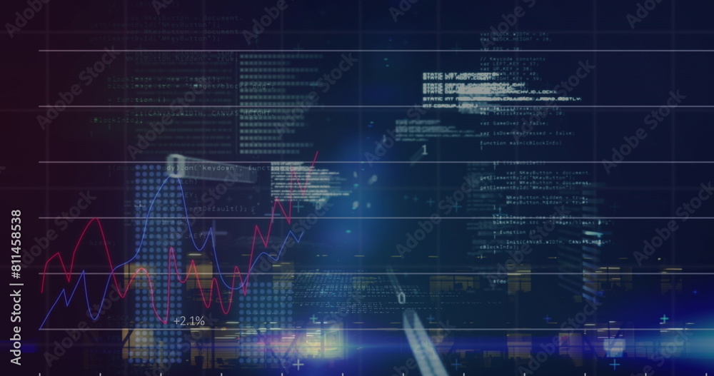 Poster image of graphs with data processing on digital interface against building at night