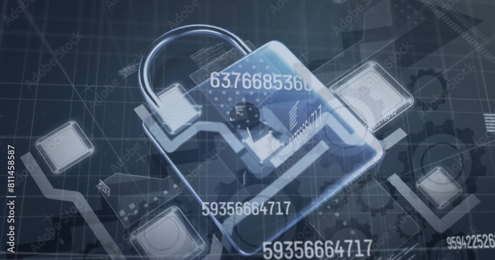 Poster image of security padlock and data processing over black background