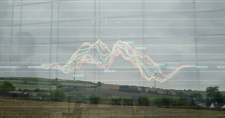 Image of financial data processing over wind turbines in countryside