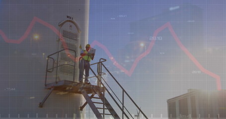 Image of financial data processing over engineer and wind turbine in countryside