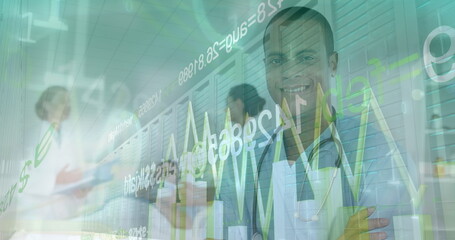 Image of financial data and graphs over happy biracial male doctor - Powered by Adobe