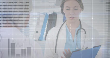 Image of financial data and graphs over caucasian female doctor talking with patient