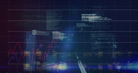 Image of graphs with data processing on digital interface against building at night