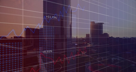 Image of financial data processing over cityscape