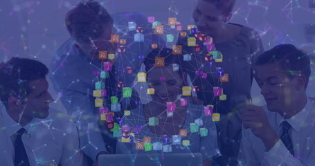 Image of data processing and media icons over caucasian business people in office