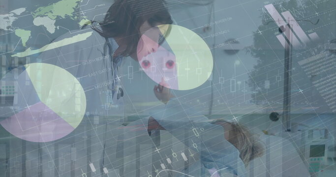 Image of statistics and financial data processing over delivery man and van