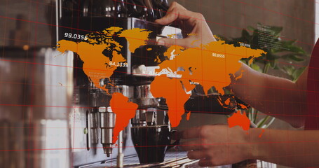 Image of map, numbers, cropped hands of caucasian woman preparing coffee through coffee machine