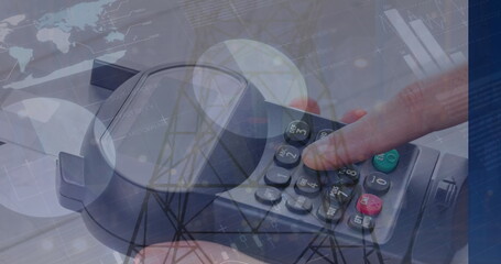 Image of financial data processing over woman using payment terminal