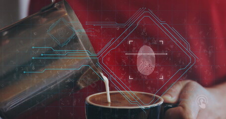 Image of padlock and fingerprint in rhombus over barista poring milk in coffee cup