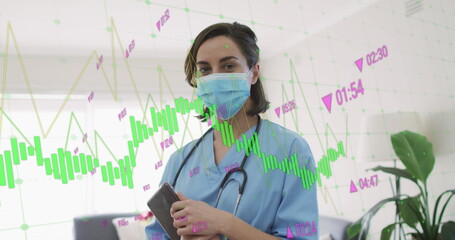 Image of data processing over caucasian female doctor using tablet