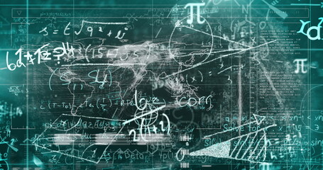Image of data processing and data processing with mathematical equations on black background