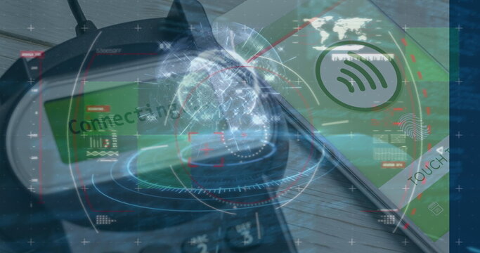 Image of arrow and data processing over wind turbine