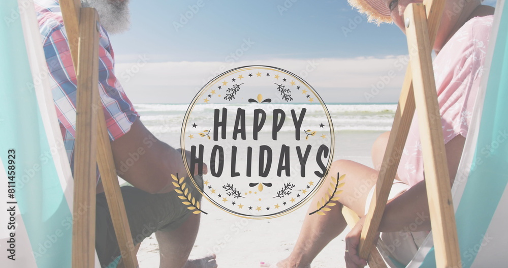 Canvas Prints Image of happy holidays over happy diverse senior couple on beach