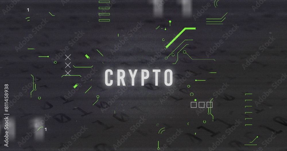 Poster image of x symbol, crypto text and binary codes and circuit board texture over black background