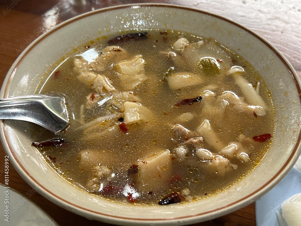 Poster close up view of delicious asian food, Chicken mushroom soup