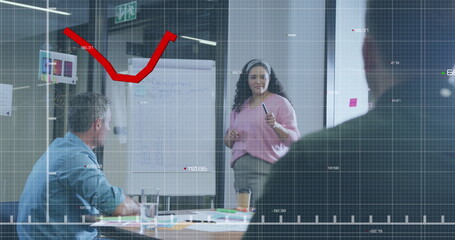 Image of statistical data processing over biracial woman giving a presentation at office