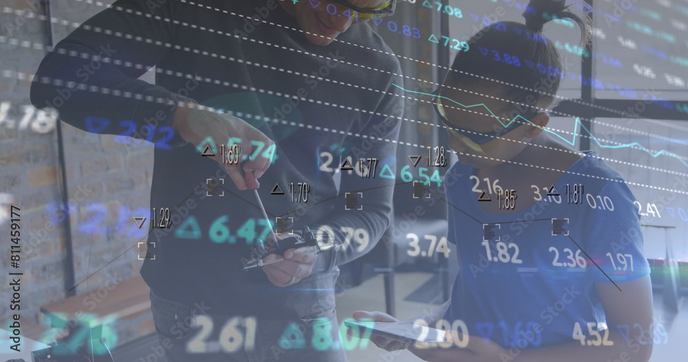 Poster image of financial data processing over man and apprentice working in workshop