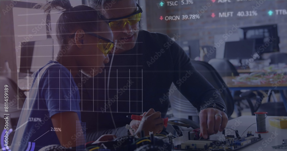 Poster image of financial data processing over man and apprentice working in workshop