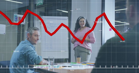 Image of statistical data processing over biracial woman giving a presentation at office