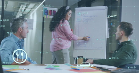 Image of statistical data processing over biracial woman giving a presentation at office