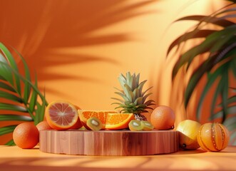 Background for product presentation with wood podium and tropical fruits on orange background, mockup stage showcase display, cosmetic or beauty product advertising copy space.