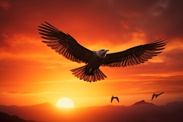 Bird Silhouette Gliding Across Orange Sky Background