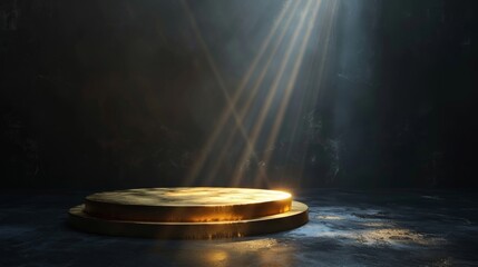 A golden product display podium with rays of light on black background, luxury and abstract design for presentation in the style of a modern hightech video game.