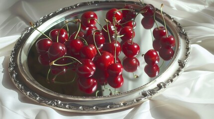 Ripe cherries are reflected in the mirror