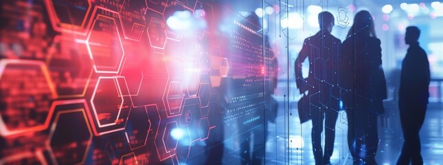 Business people use virtual screens to visualize data of security and cyber presence on digital technology backgrounds, with a double exposure effect using hexagon shapes.