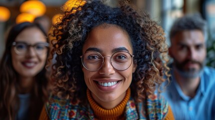 Smiling young woman with curly hair wearing glasses standing in front of a group of people.
