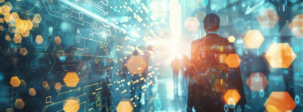 Business people use virtual screens to visualize data of security and cyber presence on digital technology backgrounds, with a double exposure effect using hexagon shapes.