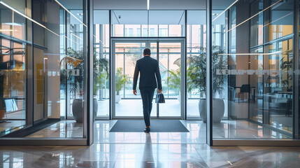 businessman walking through glass door in modern office 