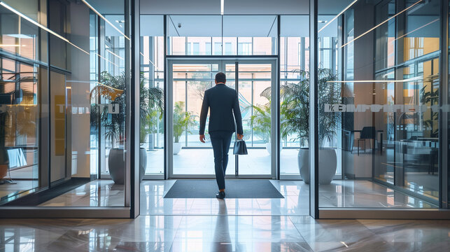 businessman walking through glass door in modern office