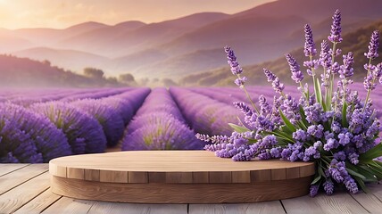  Lavender podium flower background purple product nature platform stand summer 3d table. Cosmetic podium lilac abstract field studio beauty flower spring lavender floral display plant backdrop crystal