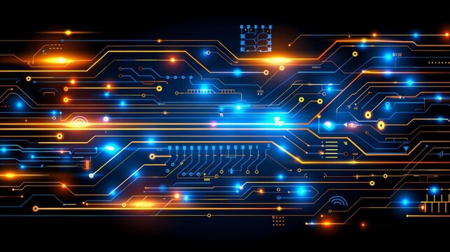 abstract cyber circuit future mother borad illustration technology concept with glowing color dots, board future scifi technology with line isolated in dark background