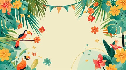 Create a tropicalthemed background featuring palm trees, tropical flowers, and exotic birds Add birthday elements like banners and bunting to tie the design to the celebration
