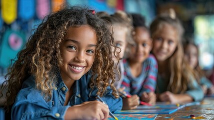 Fototapeta premium A group of children are sitting at a table and drawing
