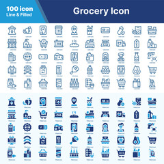 Grocery line and fill icon pack. Grocery line and fill collection. 100 Grocery outline and filled icon set.