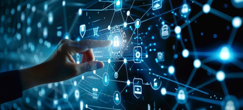 Businessman touching a virtual shield with a check mark and icon of a security system, with an online smoke point in the background in a modern business concept.