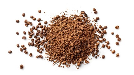 Instant coffee granules on white background Aerial view