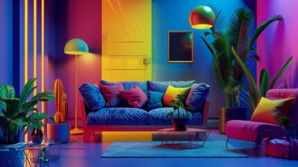 Vibrant room design with intensely colored furniture and decor, Ai Generated