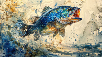 Vibrant Peacock blue fish painting with yellow fins and tail suitable for aquaticthemed designs, childrens books, and marine life illustrations. - obrazy, fototapety, plakaty