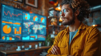 Thoughtful male data analyst wearing glasses looking at multiple computer screens displaying graphs and charts.