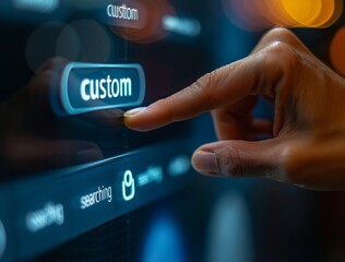 Close up of a hand touching a search bar on a virtual screen with "custom searching" text and a web search engine icon in a blue background.