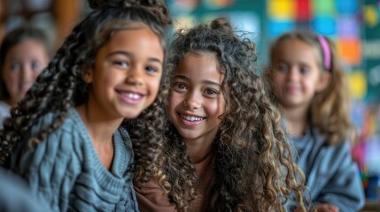 Fototapeta premium Two young girls with curly hair smiling at the camera.