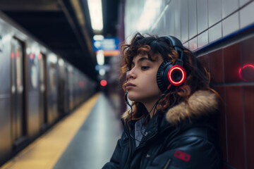 A young Caucasian woman with curly hair listens intently to music on her headphones while waiting in a subway station