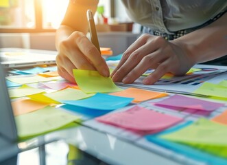 Close up of hands making a plan on a desk with sticky notes, an office worker or businesswoman working at a table near a computer and documents using modern tech equipment for project management.