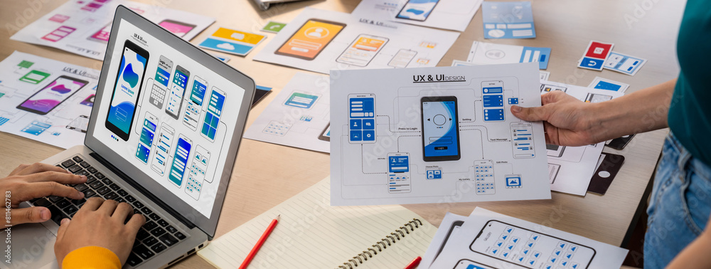 Poster panorama banner of startup ux developer or company employee design user interface or ui prototype fo
